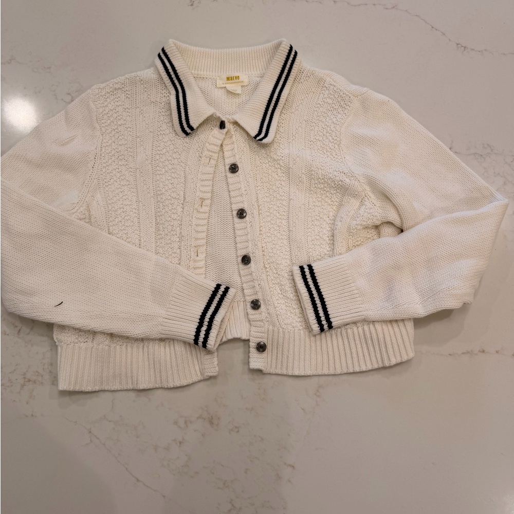 Maeve by Anthropologie Ivory Cable Knit Cropped Collared Cardigan Sweater L